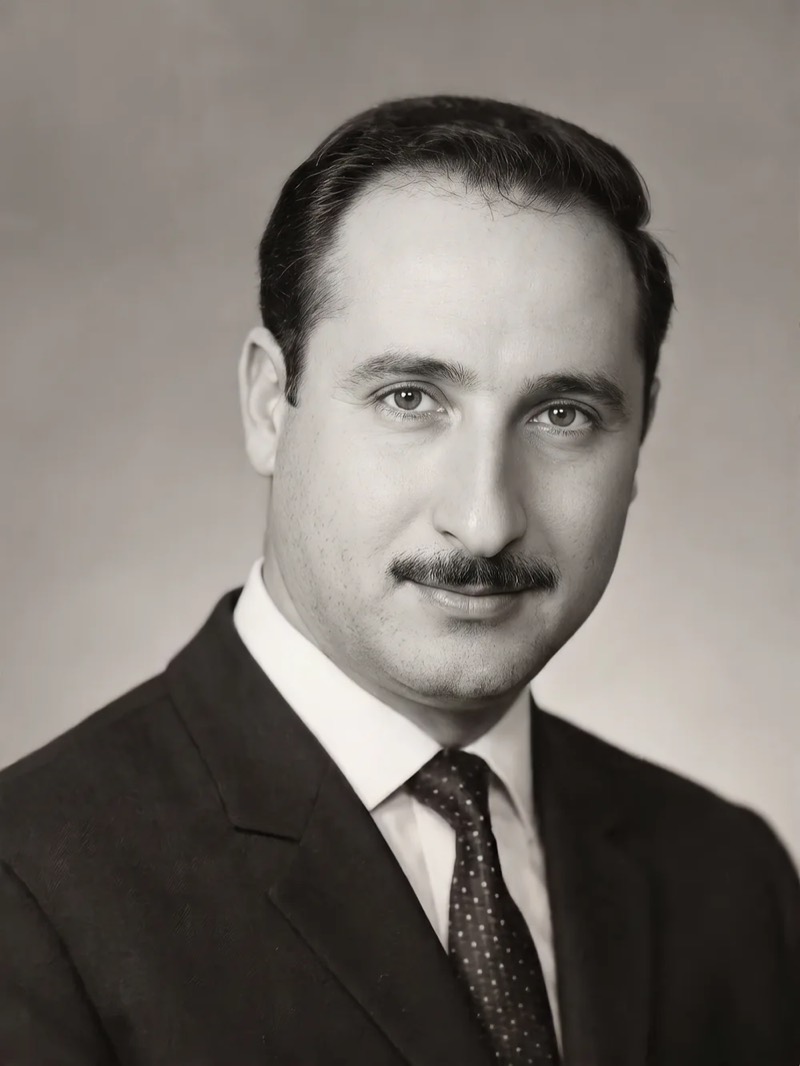 صورة لمحمد حجو، مؤسس البيت، ببدلة داكنة وربطة عنق منقطة.