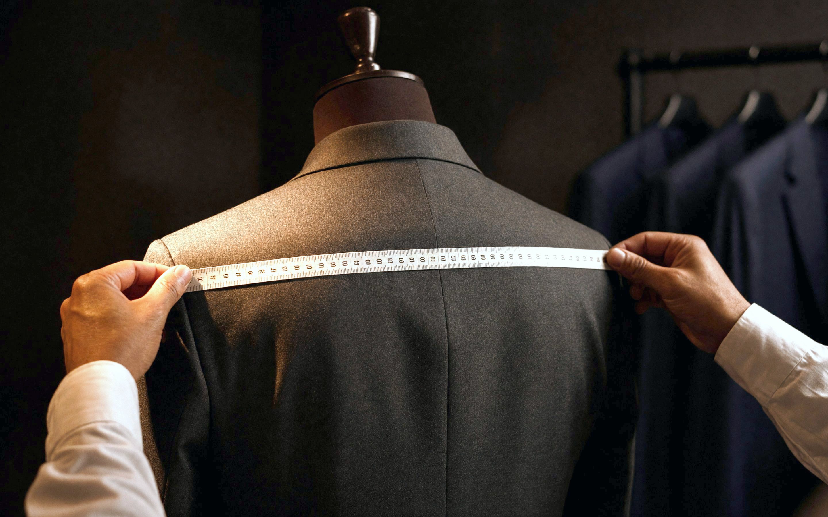 A tailor measures across the back of a jacket on a dress form