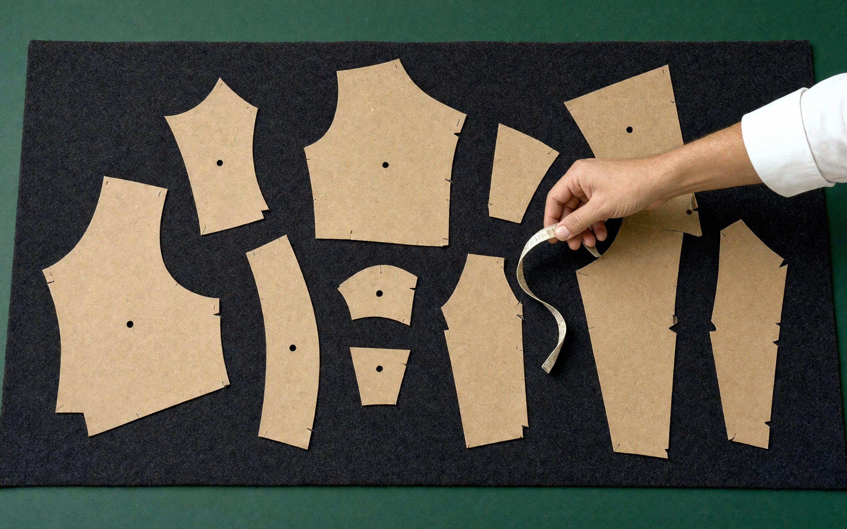 Paper patterns laid on black cloth on the cutting table