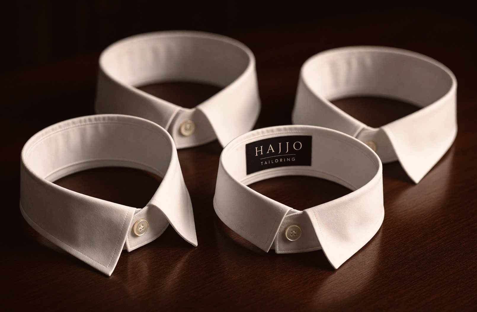 Egyptian cotton shirt collars, one with the Hajjo Tailoring label