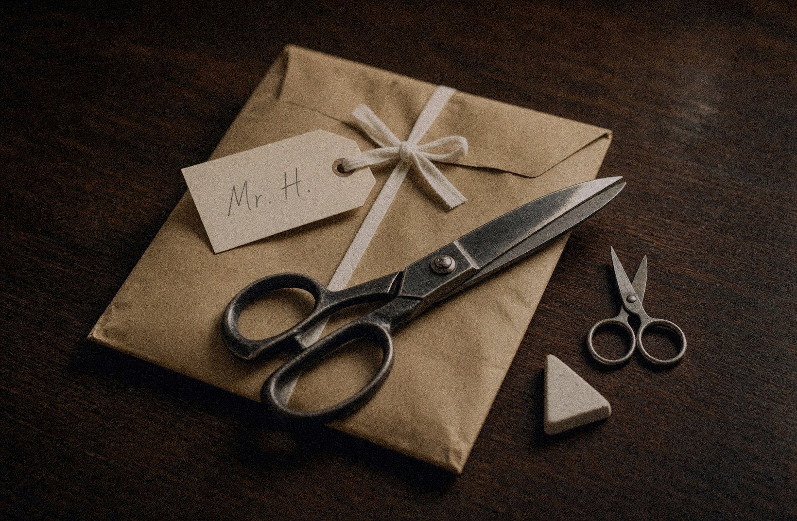 Tailor's shears on a kraft pattern envelope tagged with the client's initials